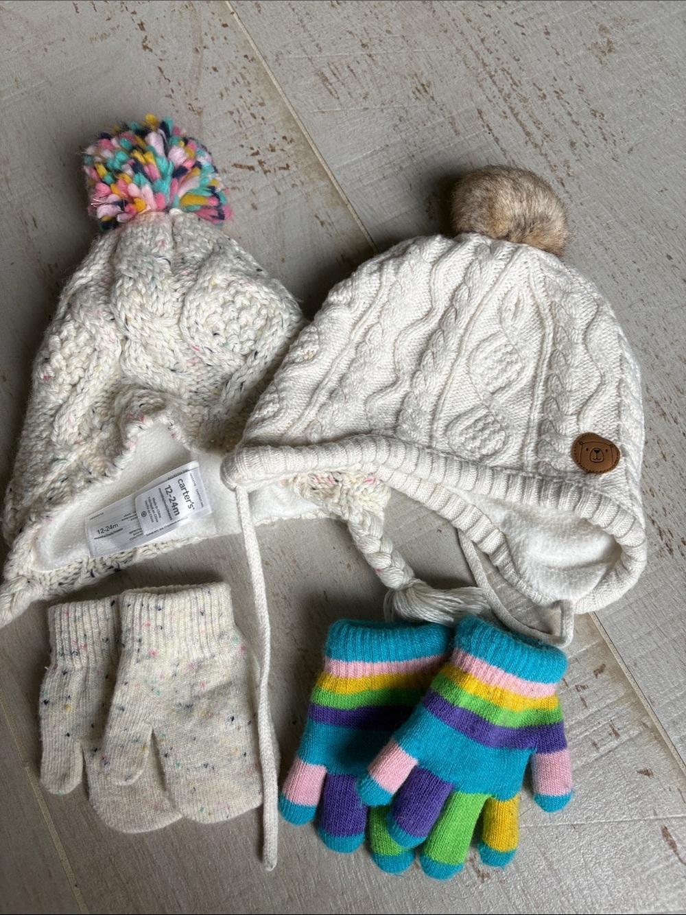 $5💕 Kids Cream Cable-Knit Pom Pom Winter Hat with Gloves Set